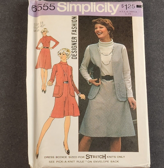 Simplicity 6555 Vintage Sewing Pattern 1974 Misses Vest and Dress Size 18