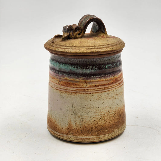 Handcrafted Speckled Stoneware Pottery Lidded Jar w Ribbon Handle Rustic Decor