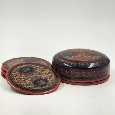 Vintage Lacquerware Coaster Set – 6 Matching Ceramic Foo Dog Coasters in Black, Red & Gold with Storage Box – Asian Guardian Lion Motif
