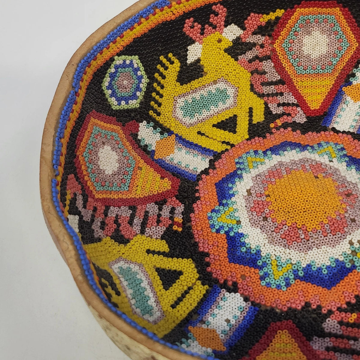 Huichol Wixárika Beaded Gourd Bowl Animal Geometric Folk Art 8" Mosaic Mexico