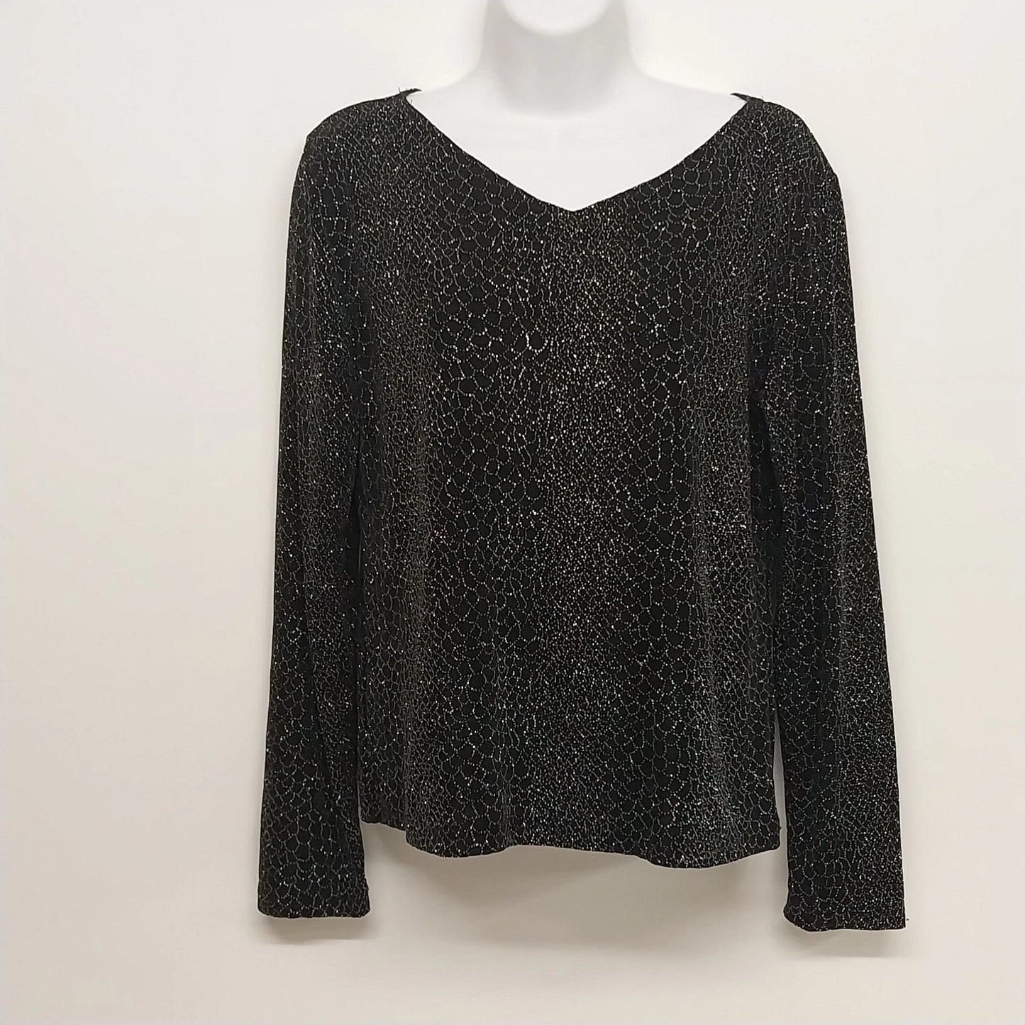 Claudia Richard Women's Black Silver Stud Glitter Top Large V-Neck Long Sleeve