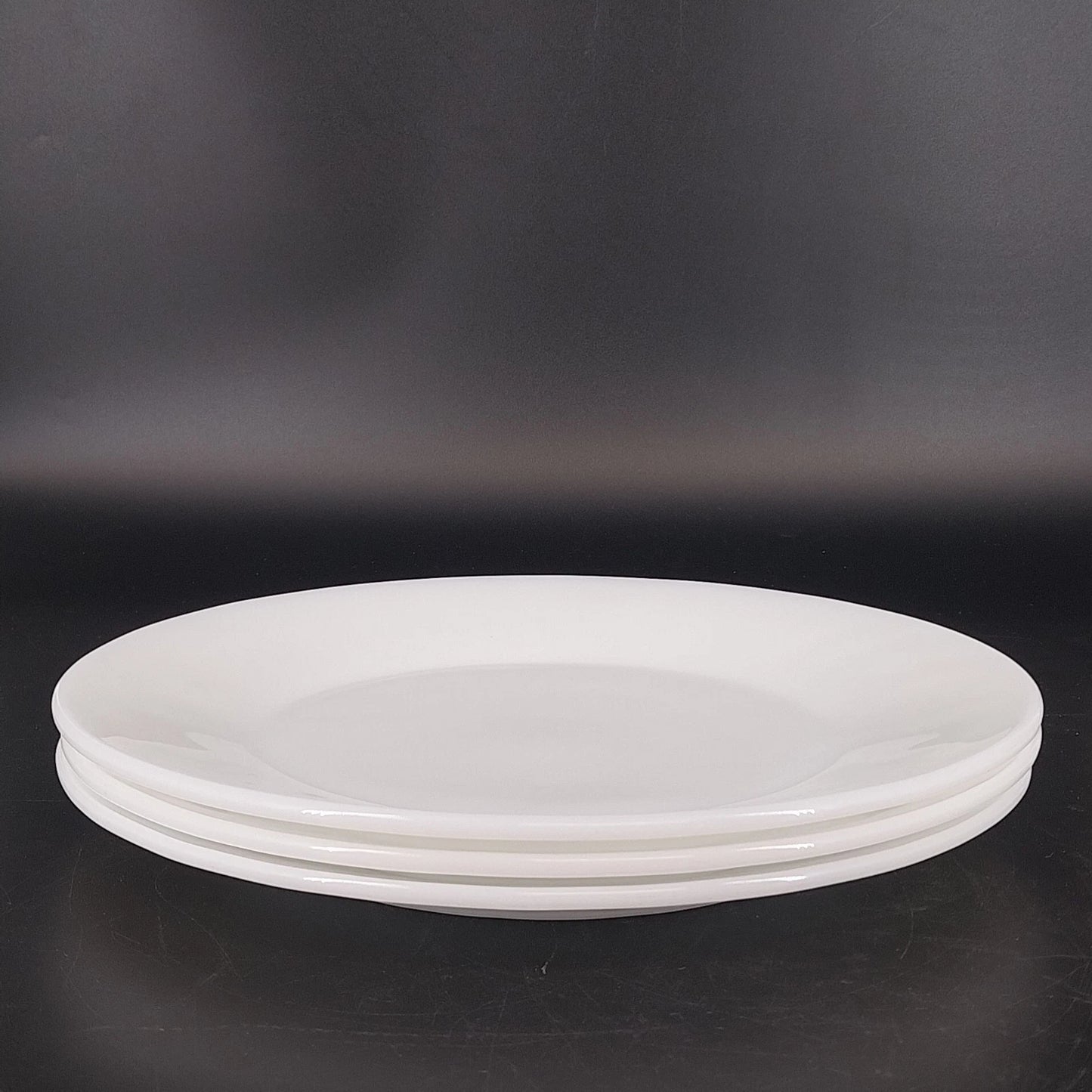 Vintage Oven Ware Milk Glass Dinner Plates Swirl Rim Set of 3