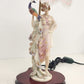 Lady Holding Peacock Table Lamp With Domed Glass Beaded Shade Art Deco Style 24"