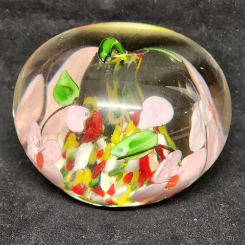 Clear Glass Apple Shaped Paperweight with Pink and Multicolor Flowers 3" Across