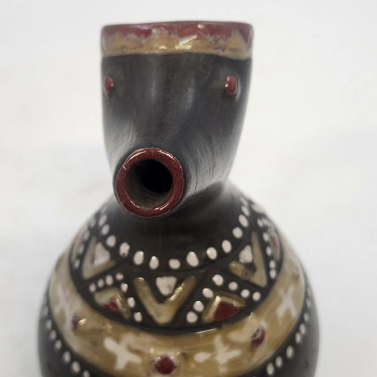 Ukrainian Art Pottery Pitcher Black Red Tan Raised Geometric Elongated Spout Vtg