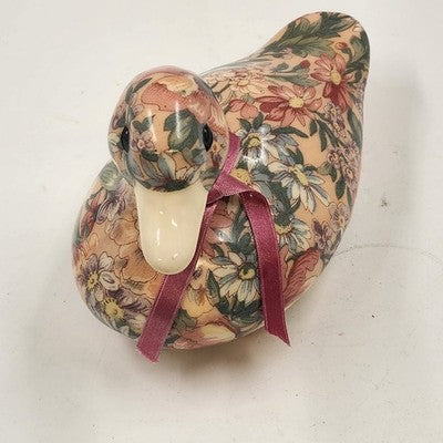 Duck Decoy Floral Decoupage Decorative Porcelain w Display Ribbon Felt Base 8.5"