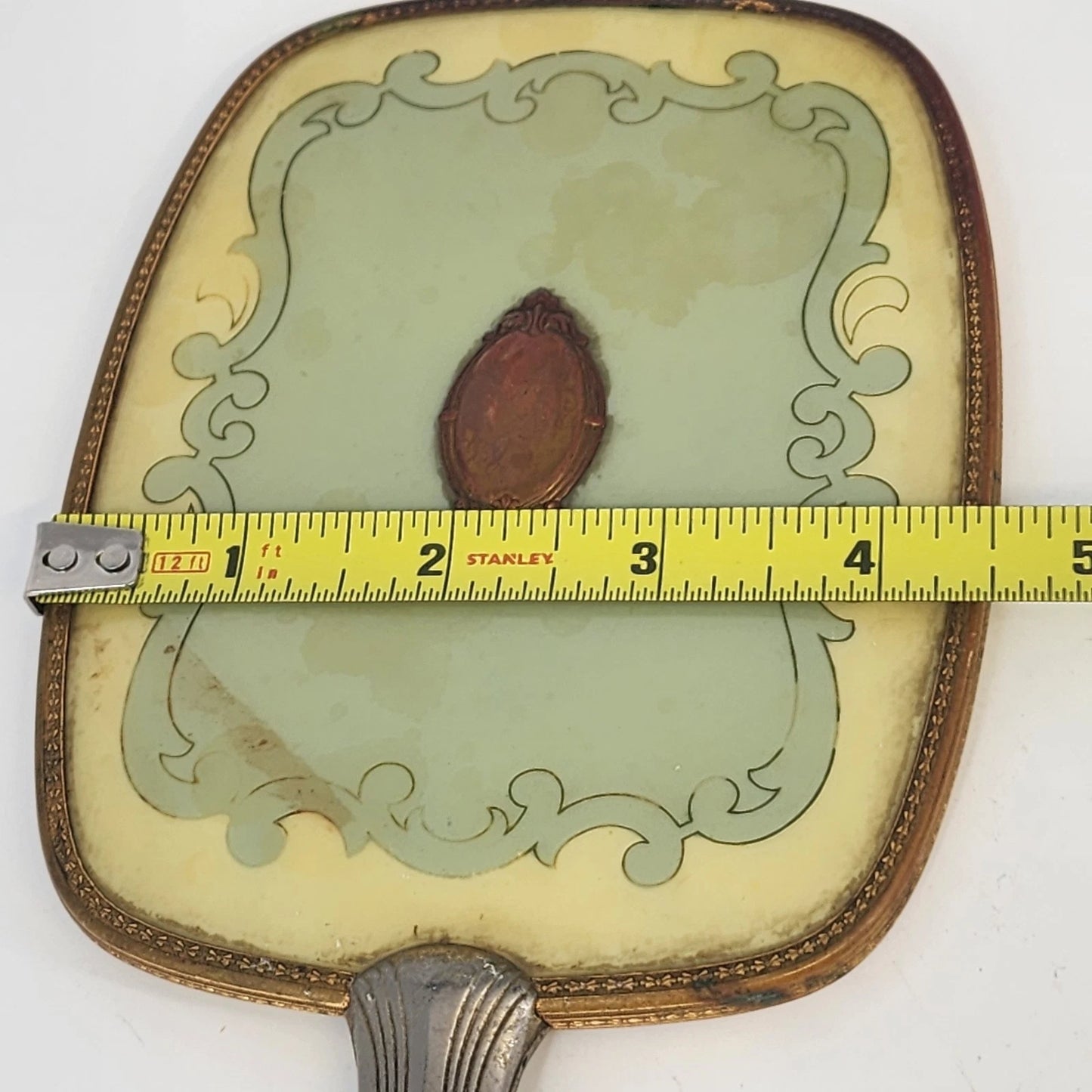 Yellow Green Enamel Hand Mirror 12 Inch Cameo Vintage
