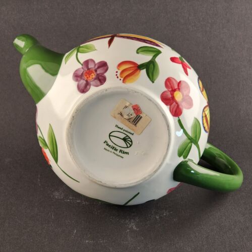 Pacific Rim Ceramic Teapot Hand Painted Butterflies Bugs Flowers White and Green