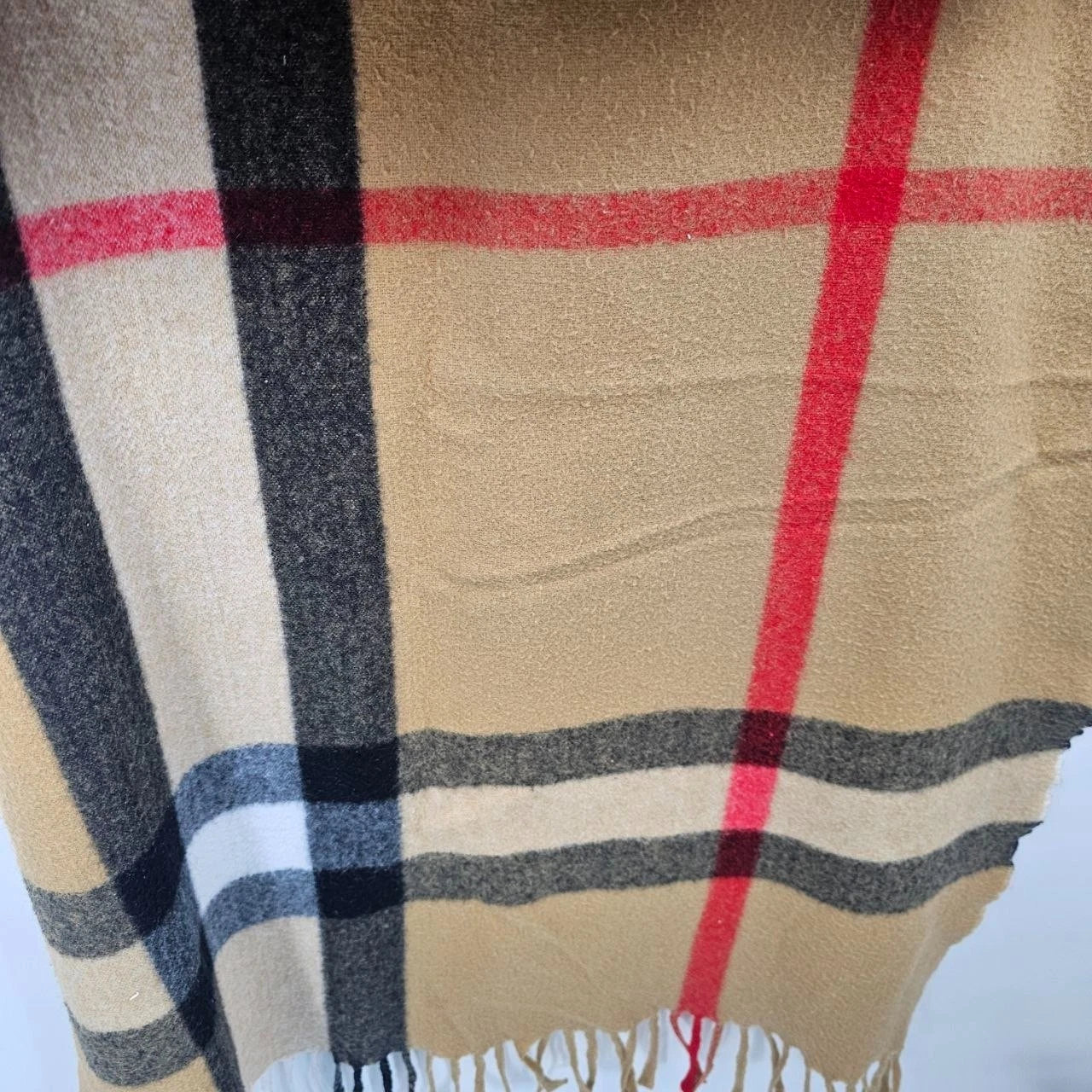 Oversized Blanket Scarf Tan Red Black Plaid Checked Shawl Wrap Fringe 27"x72"
