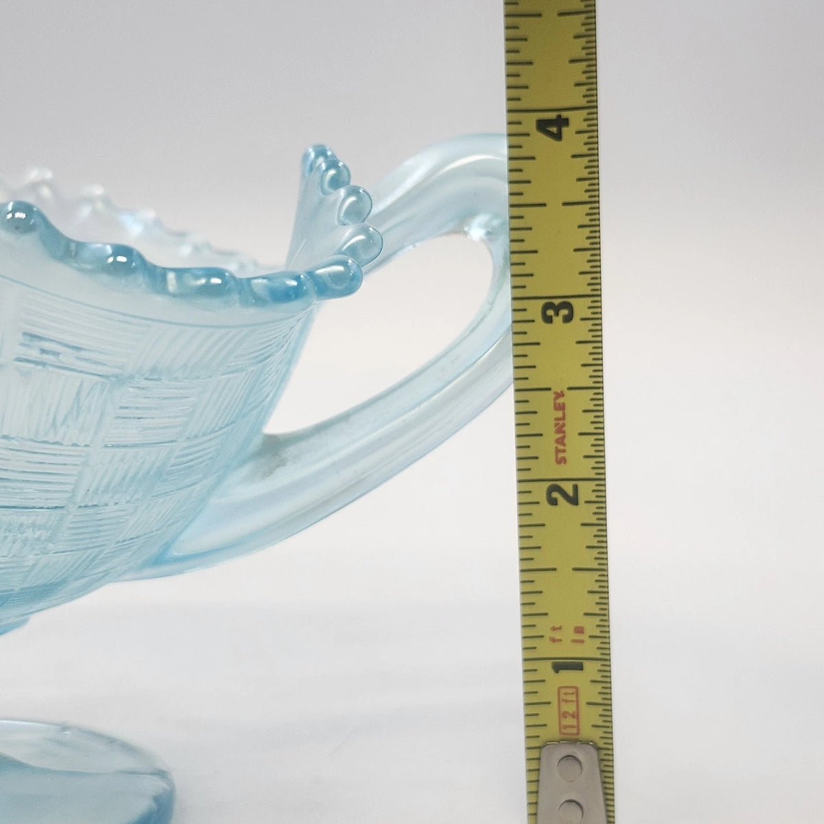 Jeannette Louisa Ice Blue Glass Pedestal Compote Double Handle Ruffled Rim 5.25"