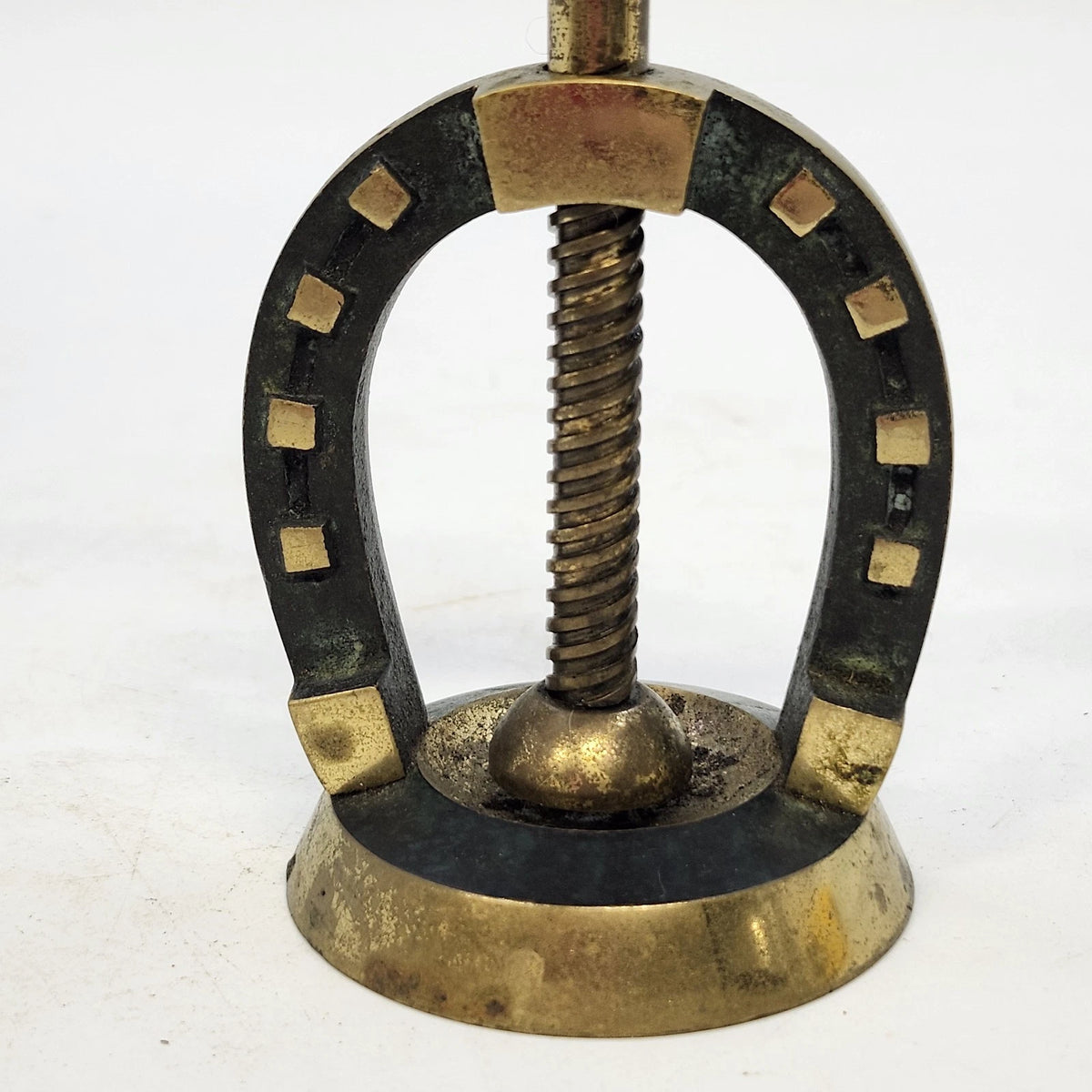 Horseshoe Screw-Down Nutcracker Gold Tone Metal T-Handle Tabletop 3.5" Patina