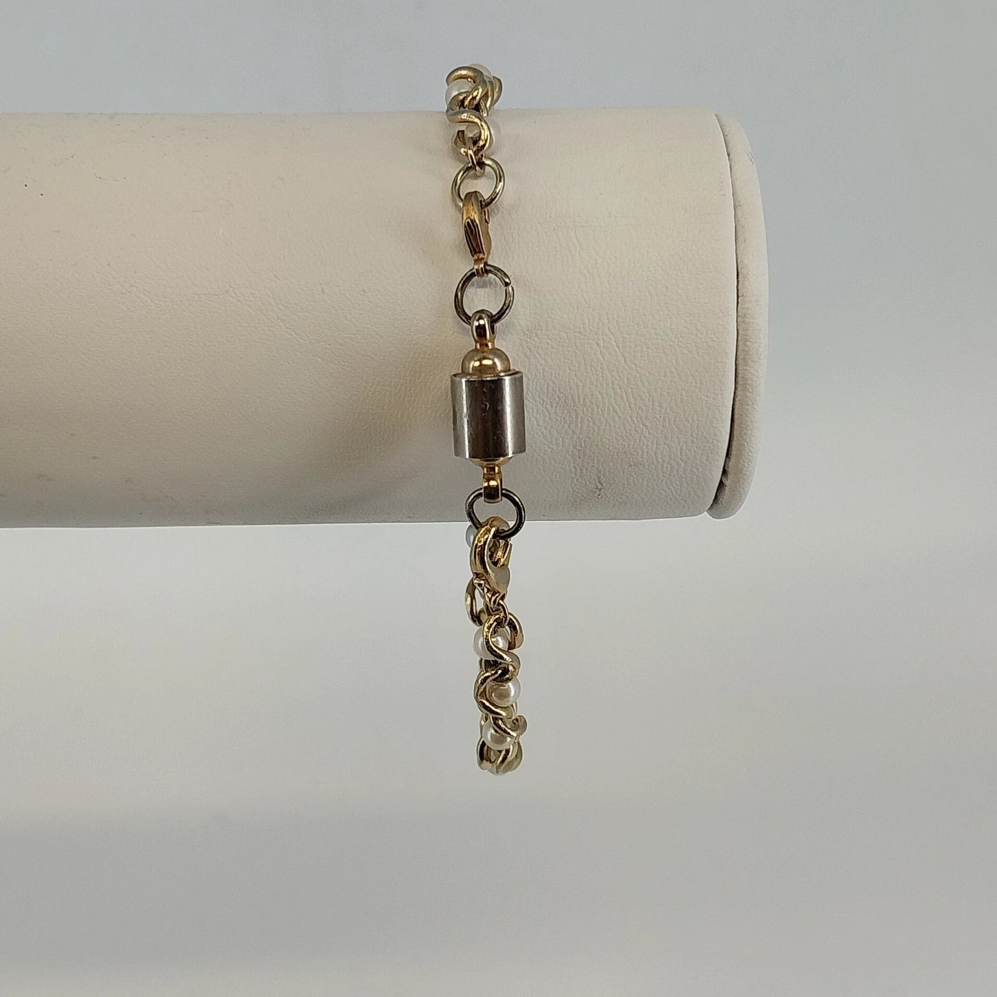 Gold Tone Link Bracelet Faux Pearl Twist Bar Accent Chain 9" Clasp Jewelry Vtg