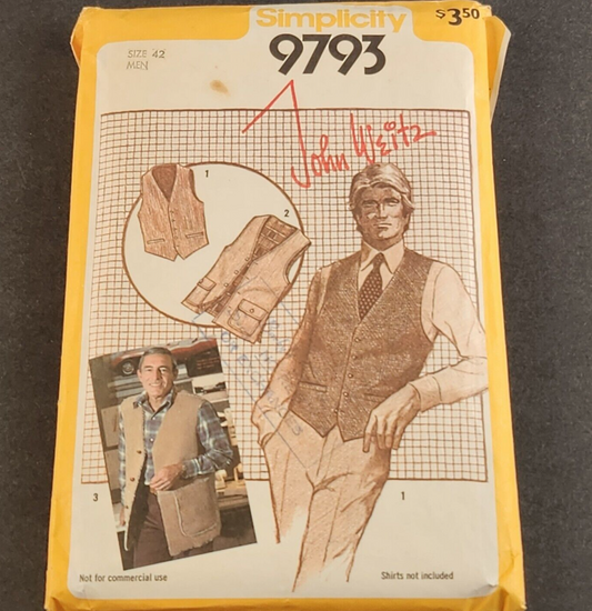 Simplicity 9793 Vintage Sewing Pattern 1980 Men's Set of Vest Size 42 John Weitz