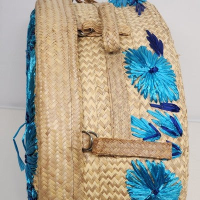 Woven Raffia Hat Box Suitcase Train case Blue Floral Travel 16" Boho Vintage