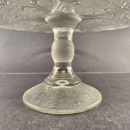 Pedestal Cake Plate Stand Harp Pattern Jeanette Glass Gold Trim 1950’s Vintage