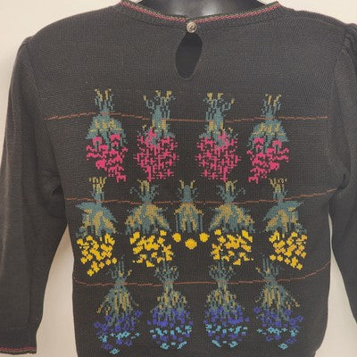 Cullinane Black Silk Blend Sweater L Floral Embroidery Shoulder Pads Vintage