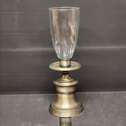 Pewter Bell Shaped Metal Candlestick Holder Clear Glass Hurricane Chimneys 17"