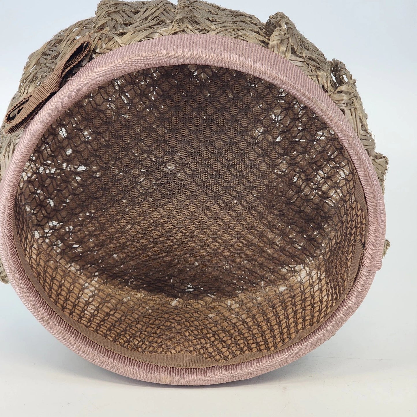 1960s Straw Raffia Halo Pillbox Hat Light Brown Ribbon Trim Dressy Women's Vtg