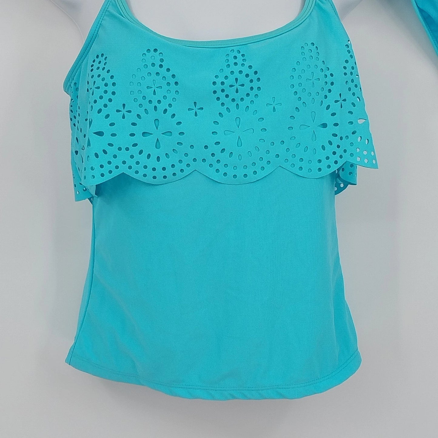 Capri Womens Tankini 2 Piece Swimsuit XL Turquoise Eyelet Lace Front Nylon Blend