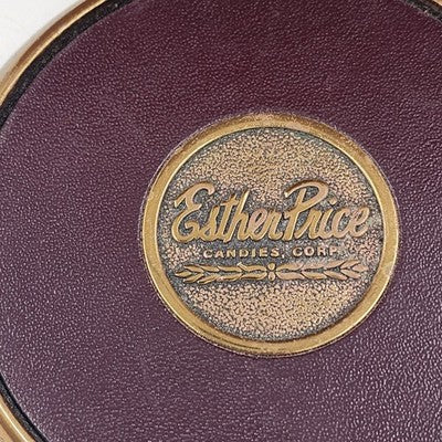 5 Solid Brass and Leather Coasters 4" with Wood Box Esther Price Candies Corp
