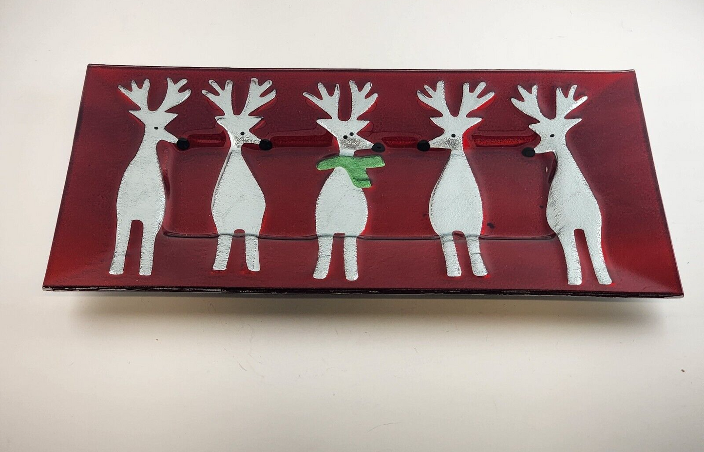 Crate & Barrel Reindeer Platter 17" x 12” Red Glass Serving Tray G7005 Vintage