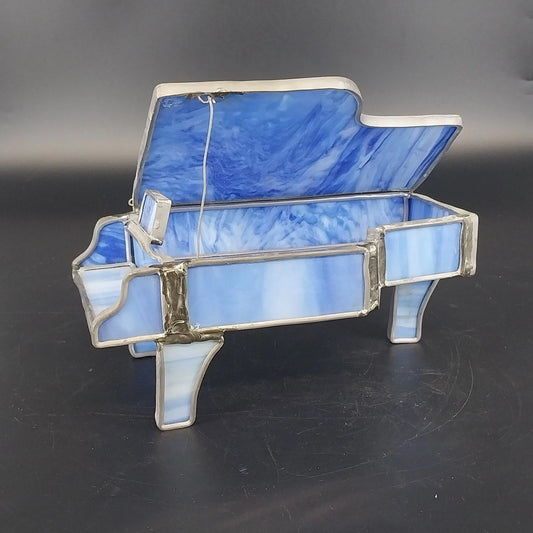 Blue Marbled Stained Glass Grand Piano Trinket Jewelry Box Metal Frame 7" Vtg