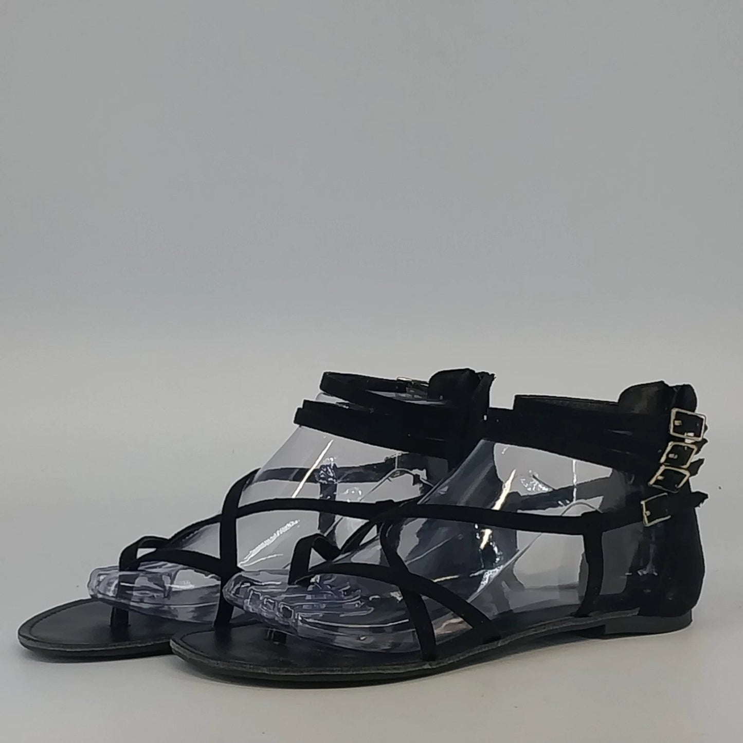 Forever 21 Black Jelly Strappy Flats Sandals Womens Size 8 Triple Buckle Ankle