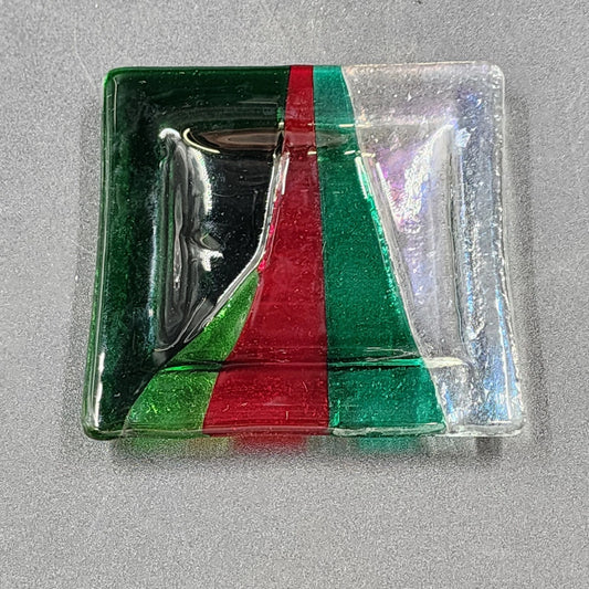 Gaya Studio Art Glass Square Dish Plate Red Green Clear Fused Modern Mid Century