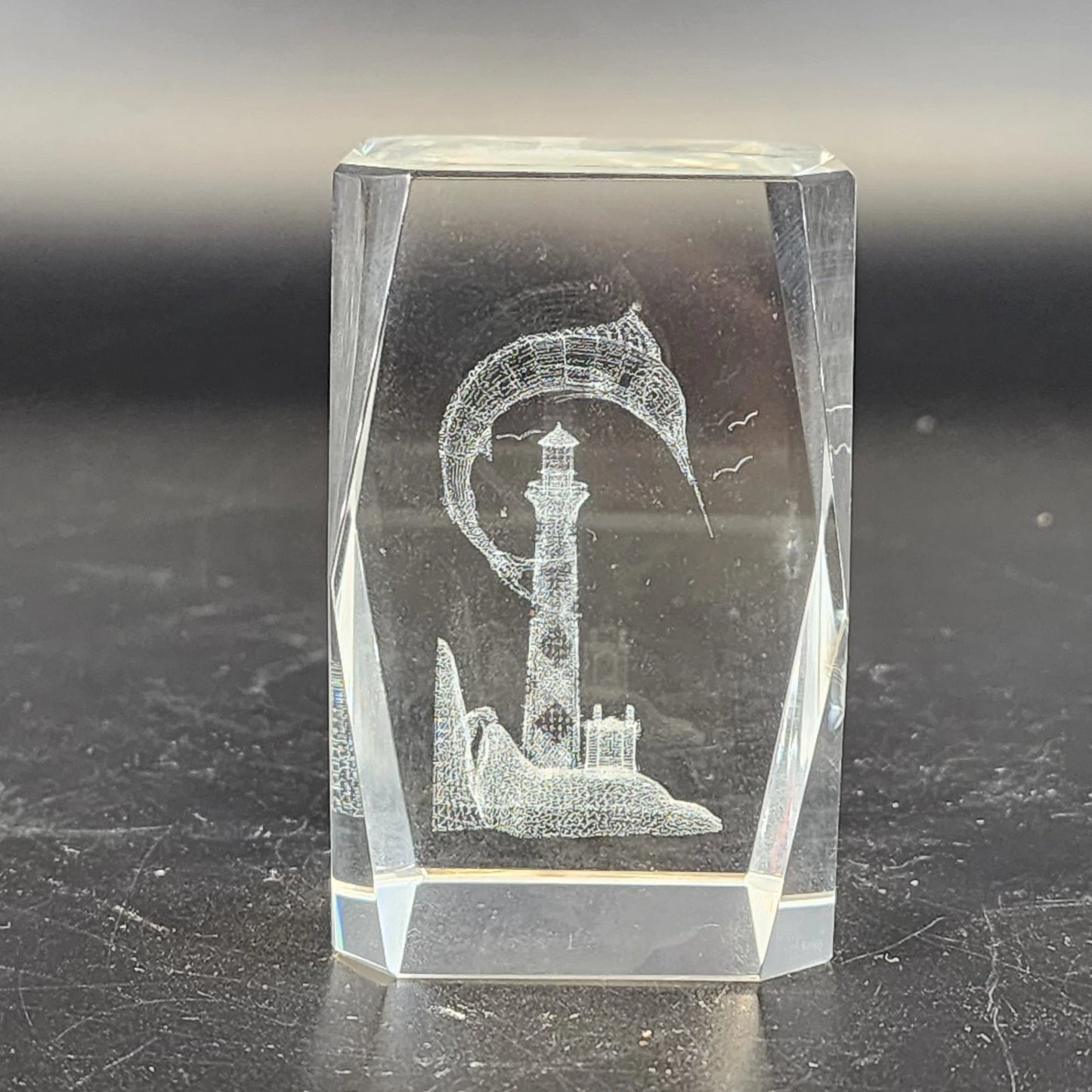 3D Laser Etched Crystal Paperweight Lighthouse Leaping Marlin