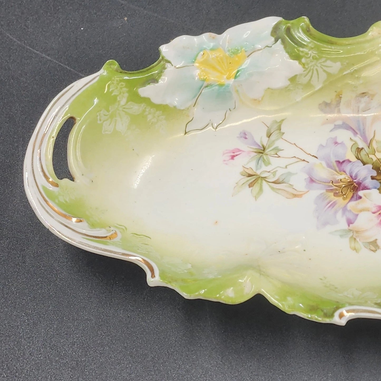Saxe Altenburg German Green Porcelain Celery Dish 13" Floral Gold Gilt Antique