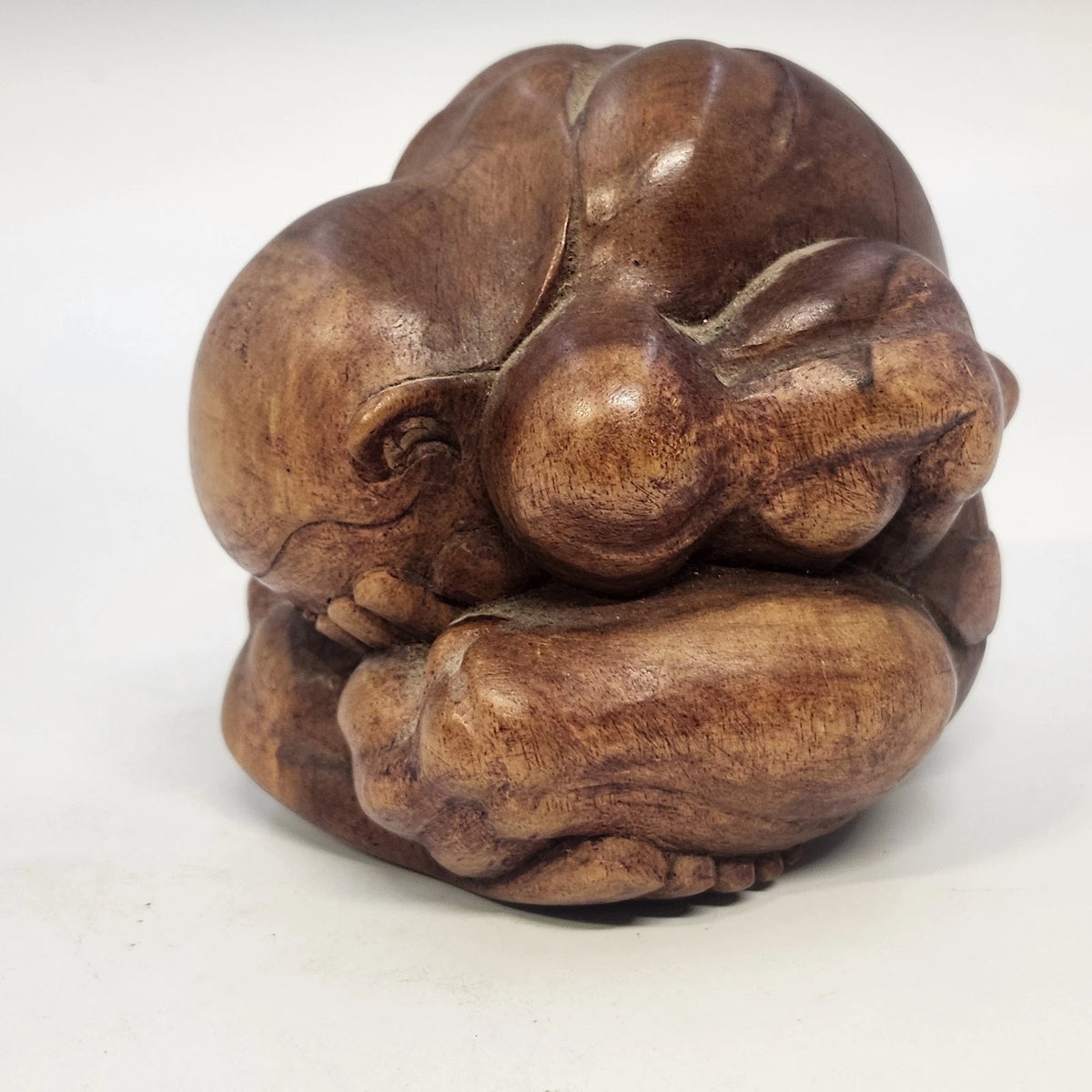 Hand Carved Wood Weeping Buddha Orang Malu Rustic Figurine 4" Meditation Pose