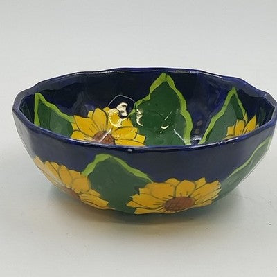 Mexican Folk Art Pottery Serving Bowl 8”x3" Talavera Sunflowers and Leaf Design