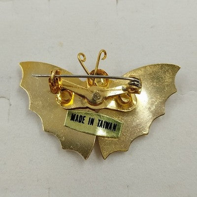 Gold Tone Butterfly Brooch Pin with White Brown Shell Wings Vintage From Taiwan