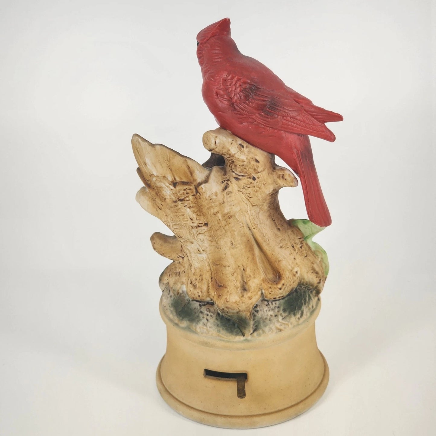 Cardinal & Baby Bird Music Box Figurine Red Bird Family Tree Stump Ceramic 8"