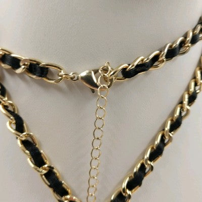 Gold Tone & Black Ribbon Chain w Black Faceted Beads Chain Tassels 48" Necklace