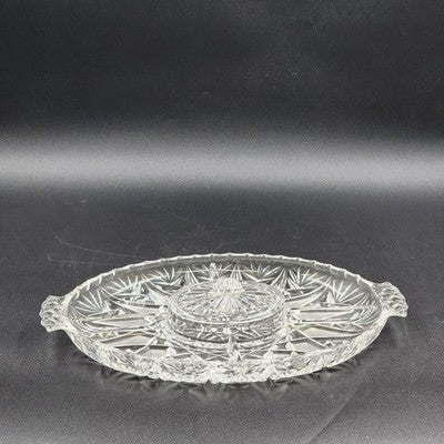 Brilliant Cut Glass Oval Divided Veggie Tray Stars Lines Scallop Edge Center Lid