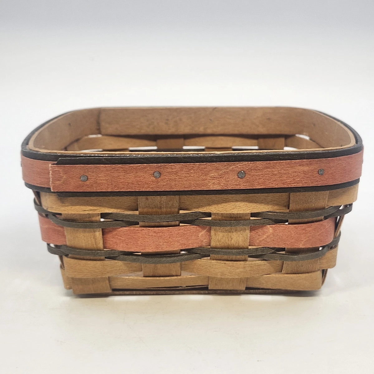 Longaberger Handwoven Natural Wood Basket Red Accent 6.75" Sq Dresden OH 2009