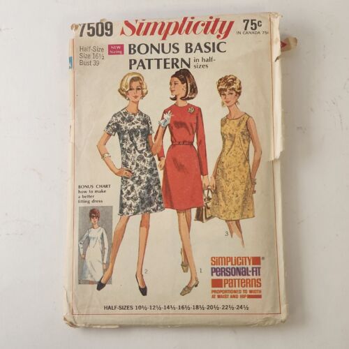 Simplicity 7509 Vintage Sewing Pattern '67 Half Size 16.5 Bust 39 Bonus Dress