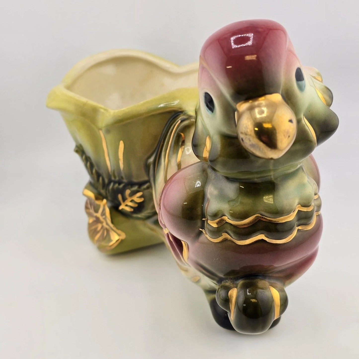 Hull Pottery No 60 Planter Parrot Flower Cart 6" Pink Green w Gold Trim USA