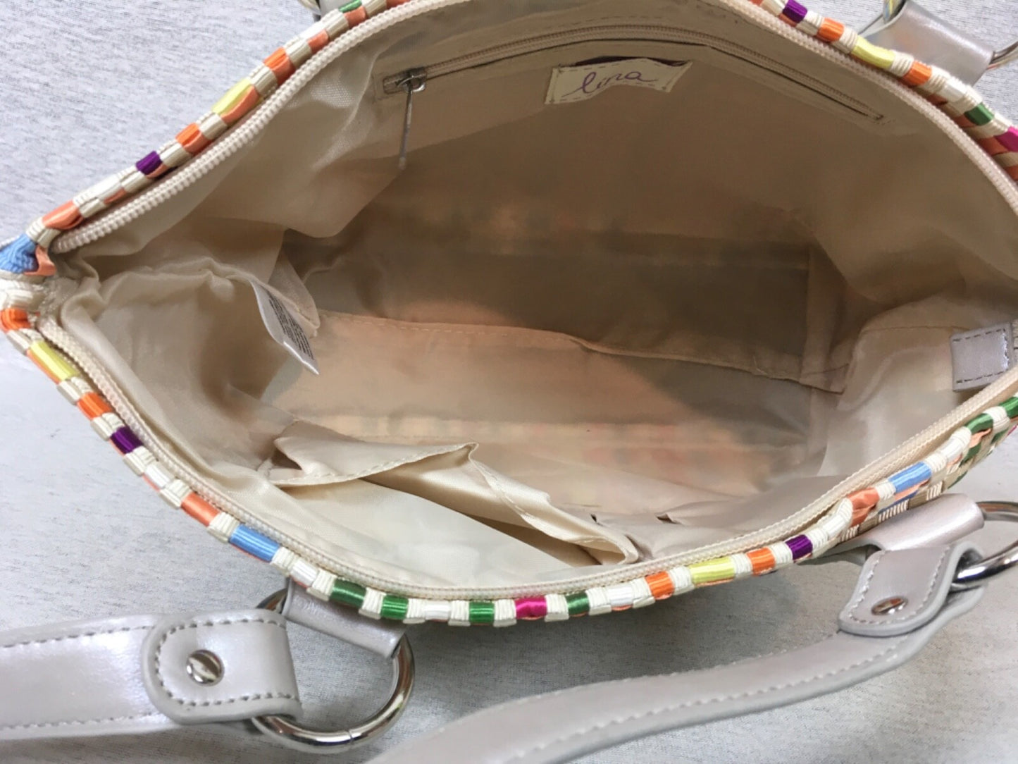 Lina Ribbon Weave Woven Silver Handbag Purse Zipper Zip Top Bag Boho Multicolor