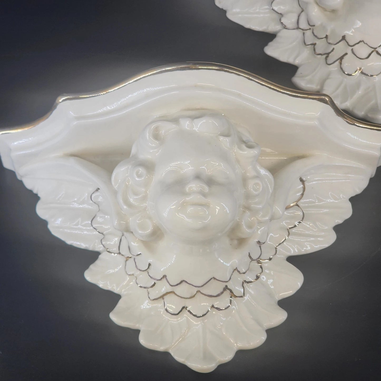 Cherub Ceramic Wall Shelves 2pc Set White Gold Trim Angel Display Decor