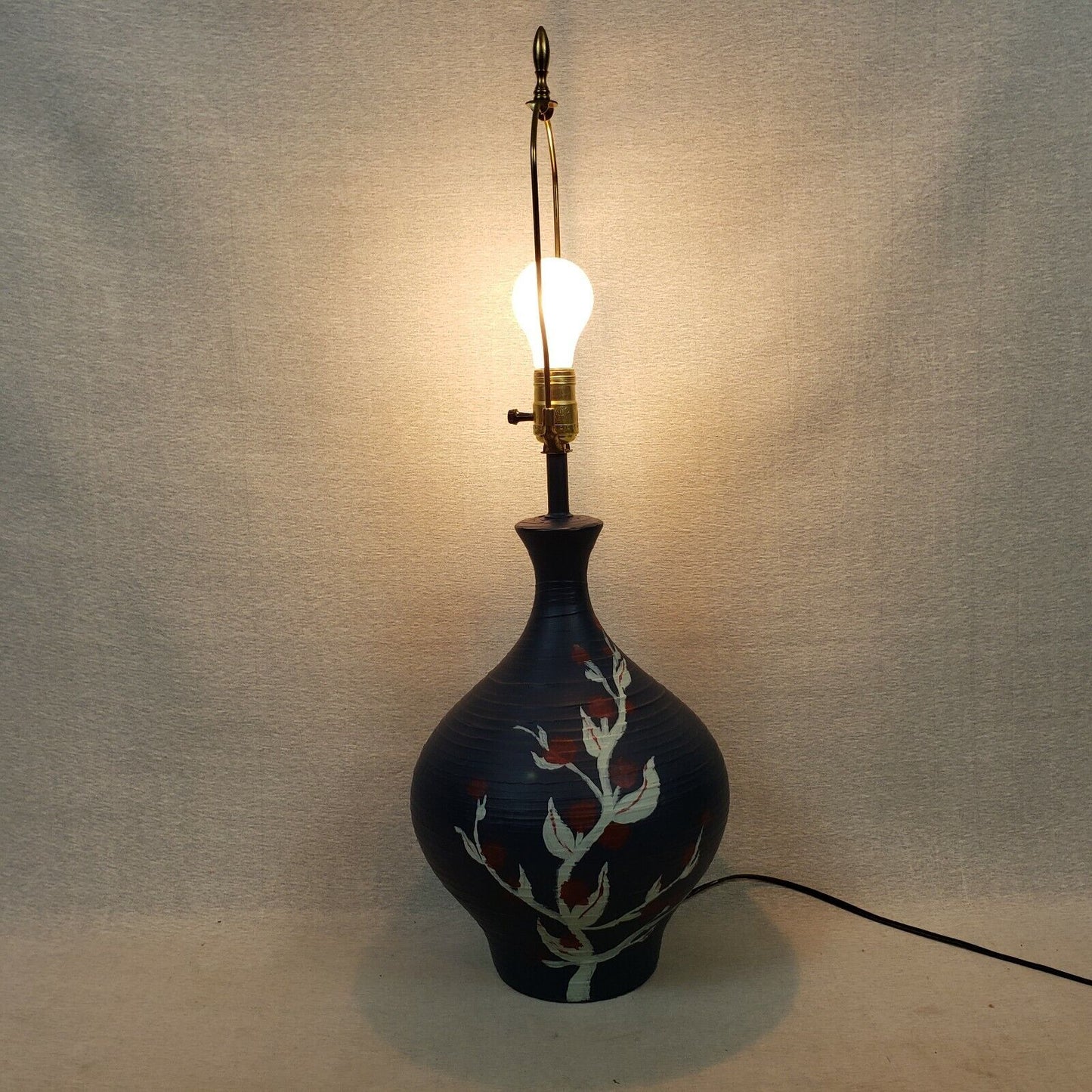 Vintage Blue Pottery Table Lamp Hand Painted Floral Electric Light