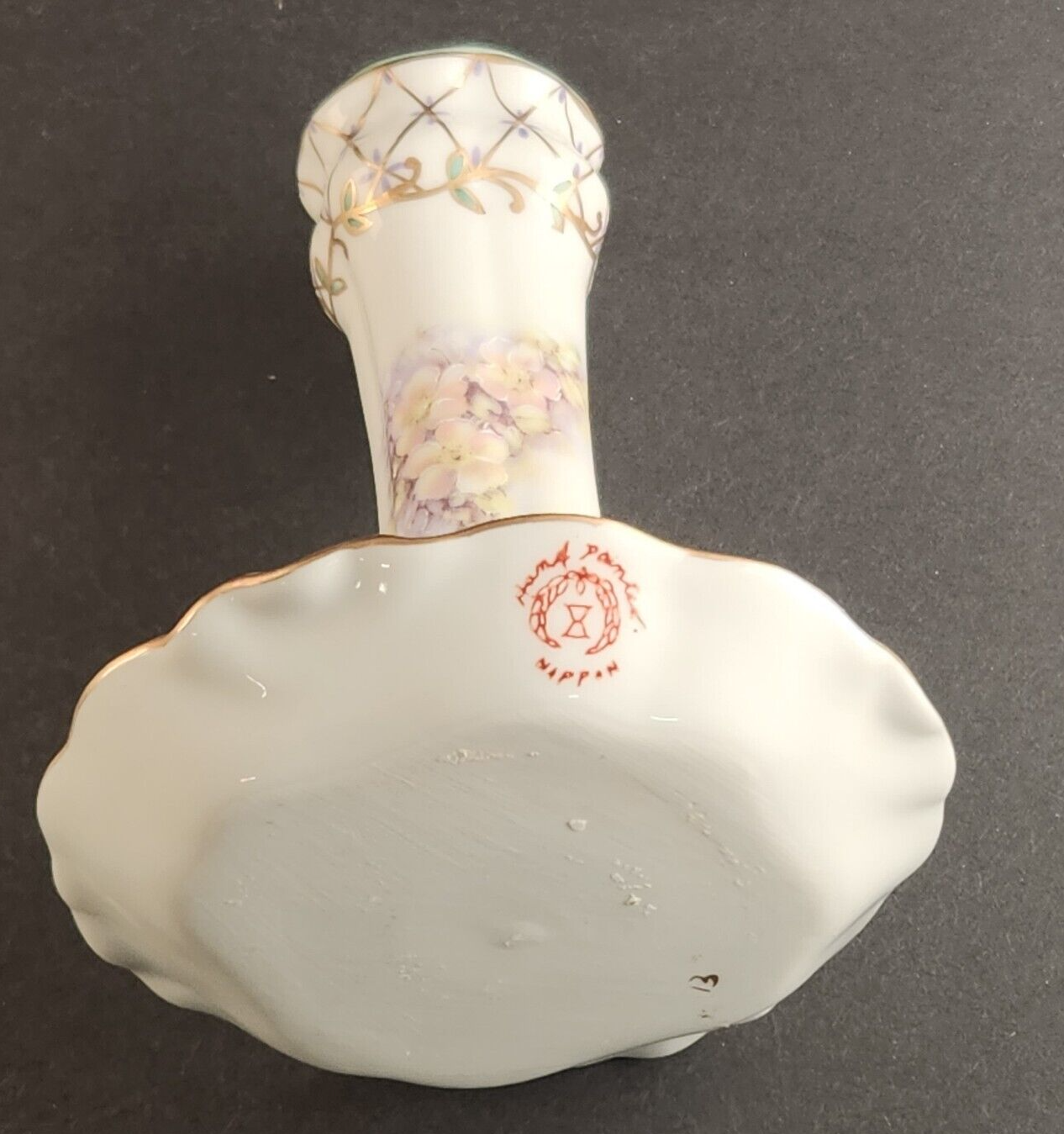 Nippon Hand Painted 5" Tall Hat Pin Holder w Attached Ring Tray Dish Vintage