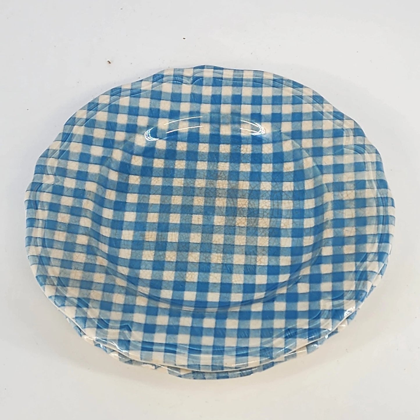 2 Linda Ironstone 4008 Salad Plates Blue White Gingham 7.5" Japan Crazing