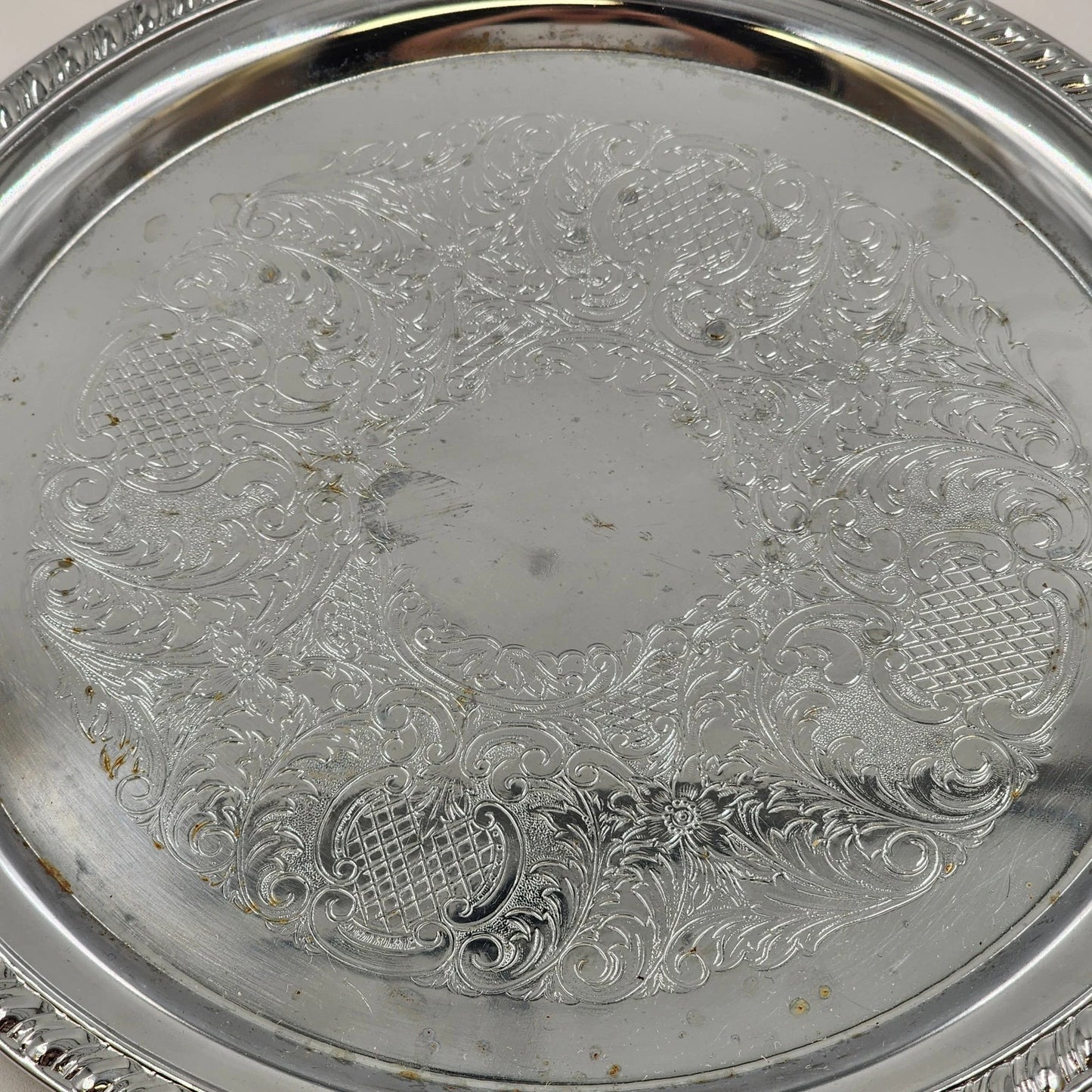 Irvinware Silver Plated Round Serving Tray 12" Etched Scroll Braided Rope Rim