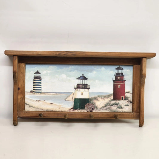 Lighthouse Theme Wall Shelf Wood Shaker 4 Peg Coat Hat Key Rack Hanging Decor