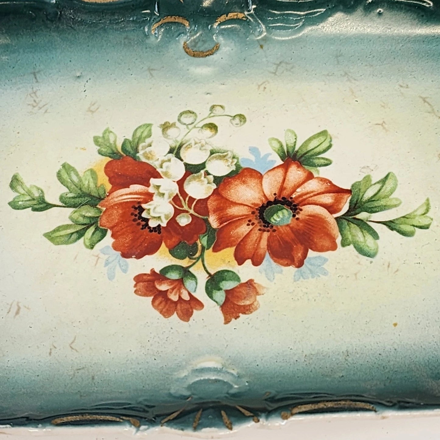 Antique Austrian Porcelain Dresser Vanity Set 5pc Green Lustre Orange Floral Vtg