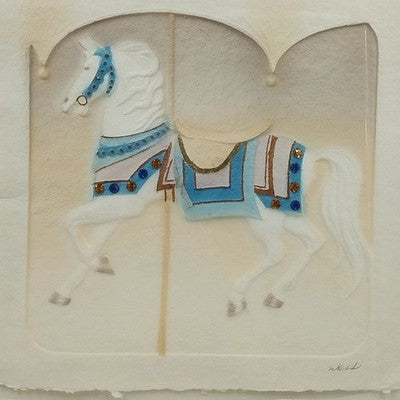 Wesley Smith Carousel Horse Print Signed WESS Embossed Gold Frame 20.25" Square