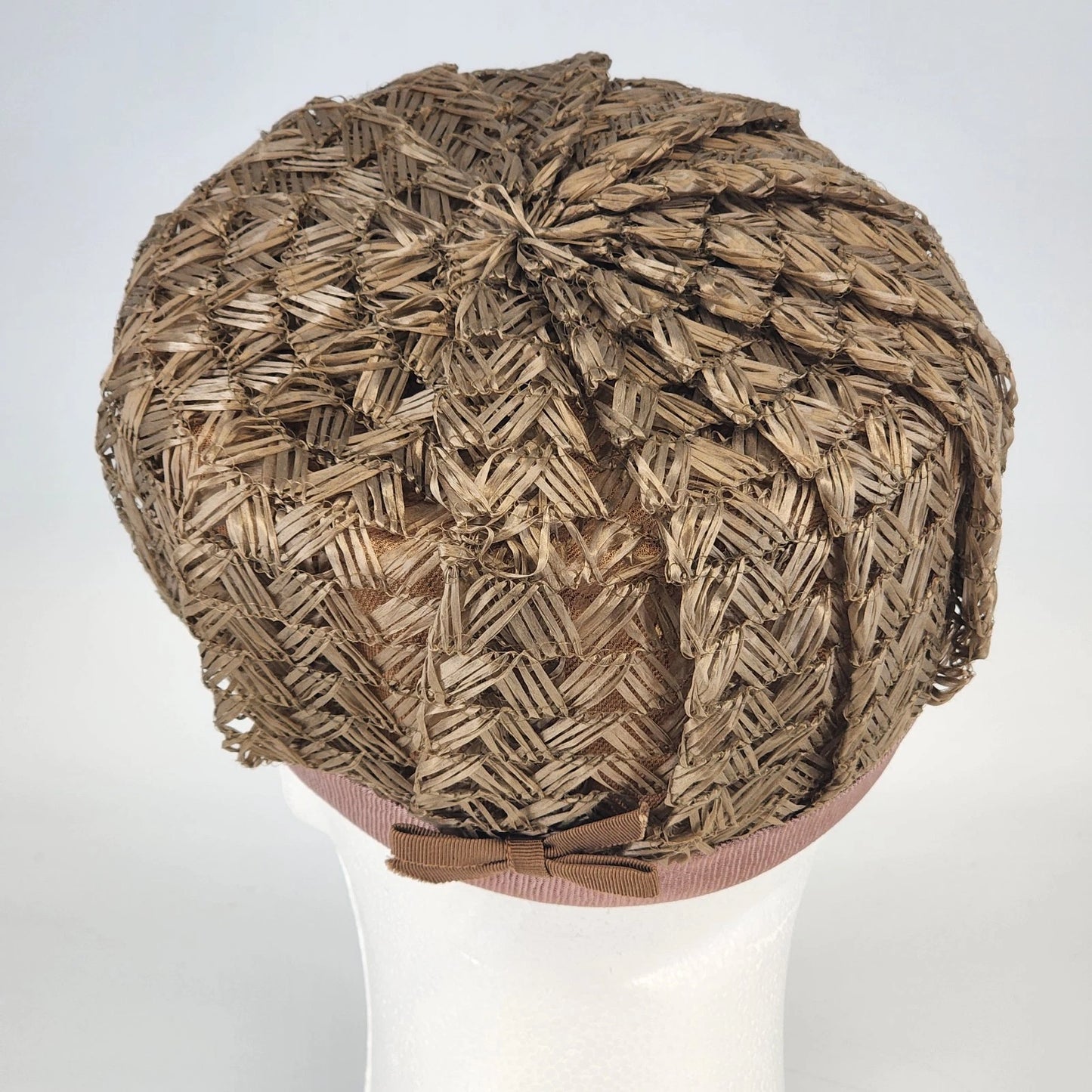 1960s Straw Raffia Halo Pillbox Hat Light Brown Ribbon Trim Dressy Women's Vtg