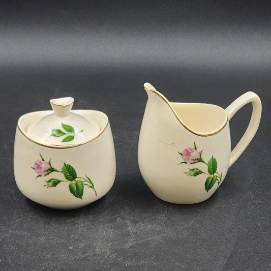 Porcelain China Creamer Sugar Bowl Set Pink Rose White China Floral Vintage USA